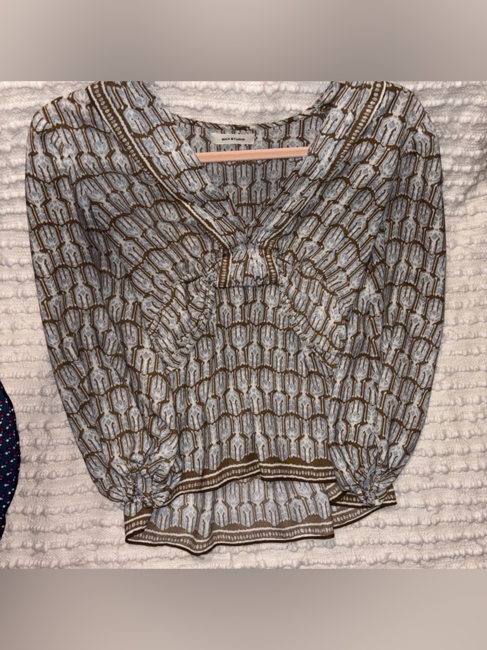 Max Studio Light Blue and Brown Printed Tie-Neck Blouse